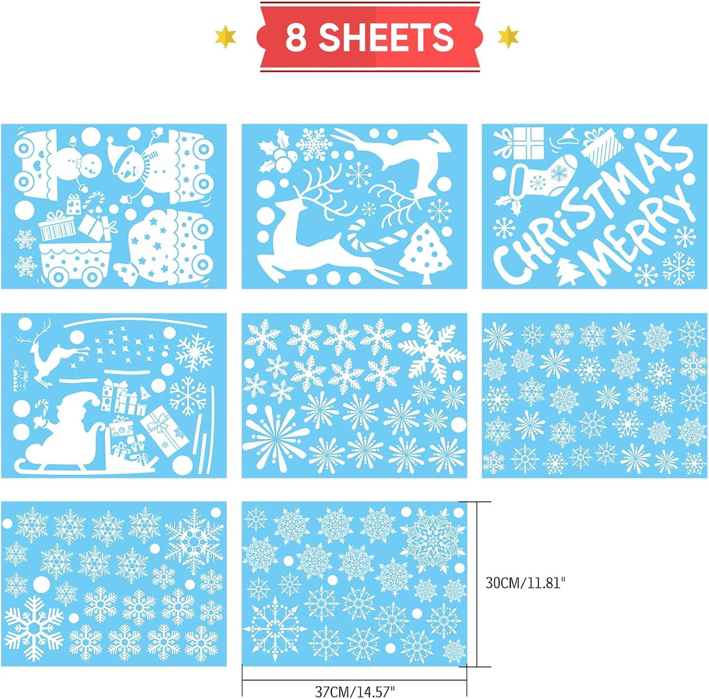 188 PCS Christmas Snowflake Window Clings Stickers for Glass Xmas Decorations