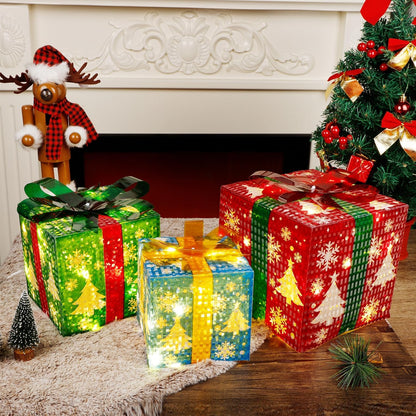 Set of 3 Lighted Christmas Gift Boxes – Sparkling LED Snowflake Presents for Indoor & Outdoor Decorations