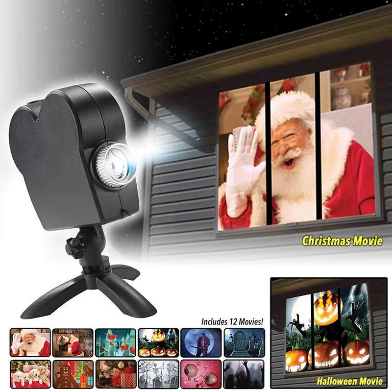 40W 12Movies Window Projector Light Atmosphere Lamp Adjustable Focus Lens IP44 Waterproof Portable for Home Party Xmas Halloween